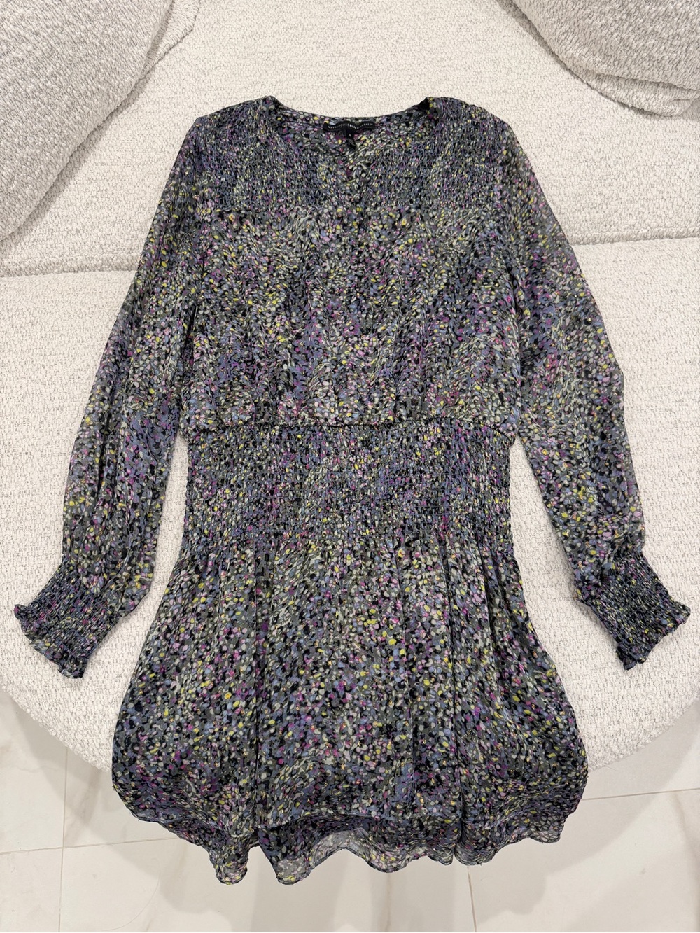 White House Black Market WHBM Women's Patterned Smocked Long Sleeve Dress